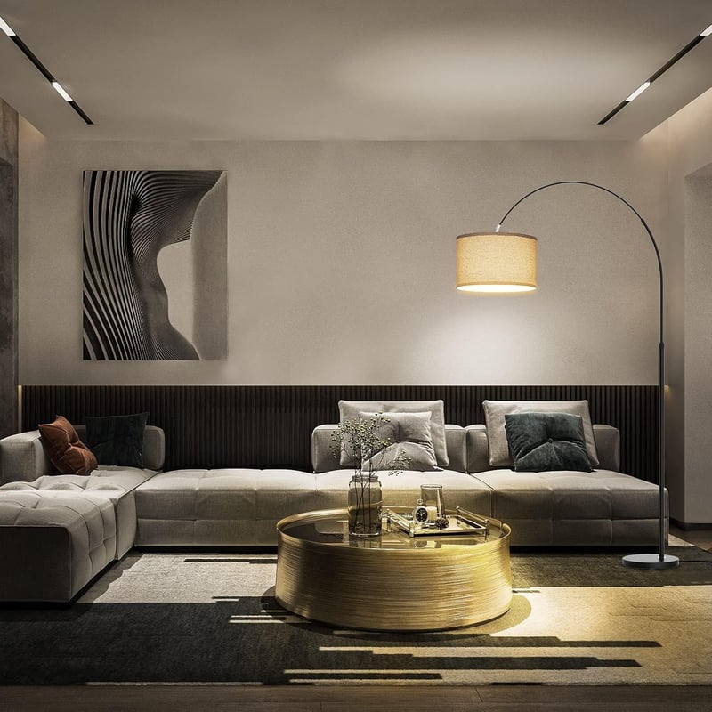 Modlicht Jasmin Ívelt Állólámpa - E27 LED 9W, 3000K Meleg Fény, 33cm Lenvászon Lámpaernyő, Bézs, 165-180cm, Nappali, Hálószoba, Iroda