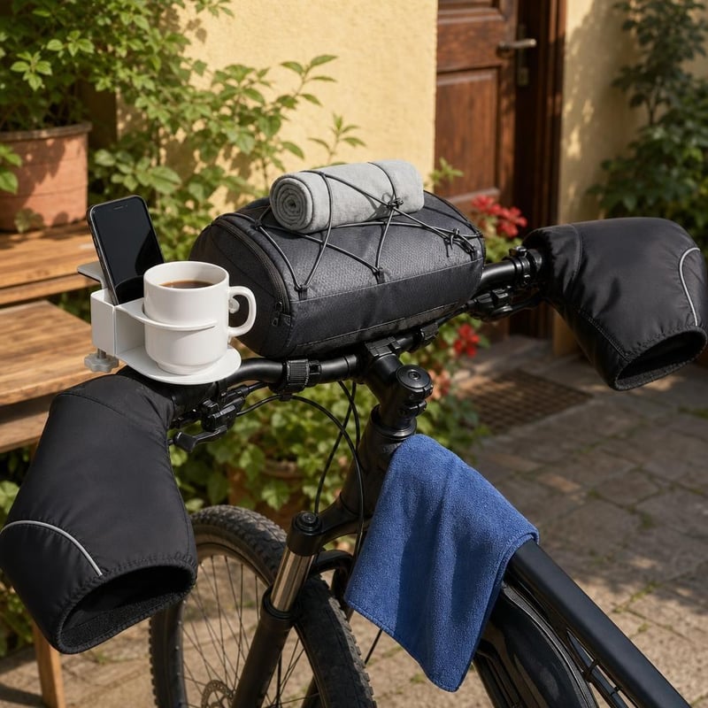 Cyklistický balík Komfort: 1x držiak + 1x taška + 1x uterák + 1x chrániče rúk