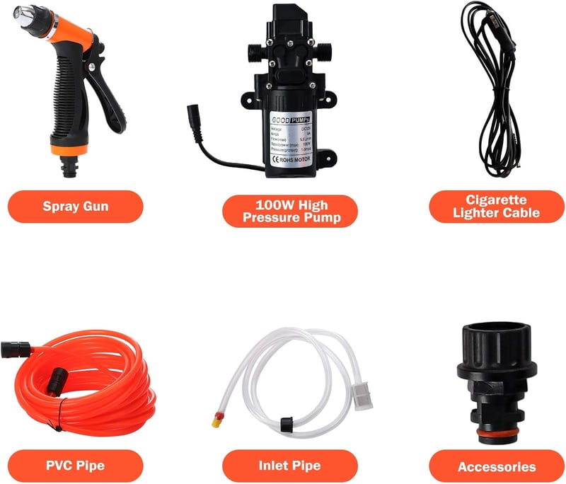 Pindex 100W 12V vízszivattyú szórópisztollyal - lakóautó, kemping, hajó, autómosás