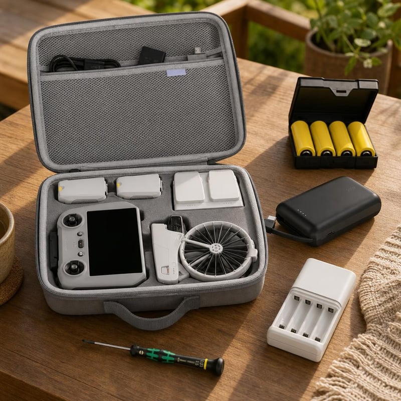 Sada pre dronistov: taška + puzdro na batérie + 10 000 mAh powerbank + nabíjačka + skrutkovač