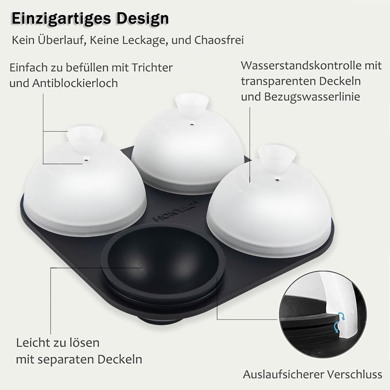 HONYAO Szilikon Jégkocka Készítő Fedéllel - 6 cm-es Kerek Jéggolyó Forma, BPA-mentes, Összehajtható, Szivárgásmentes Jégkészítő Tálca