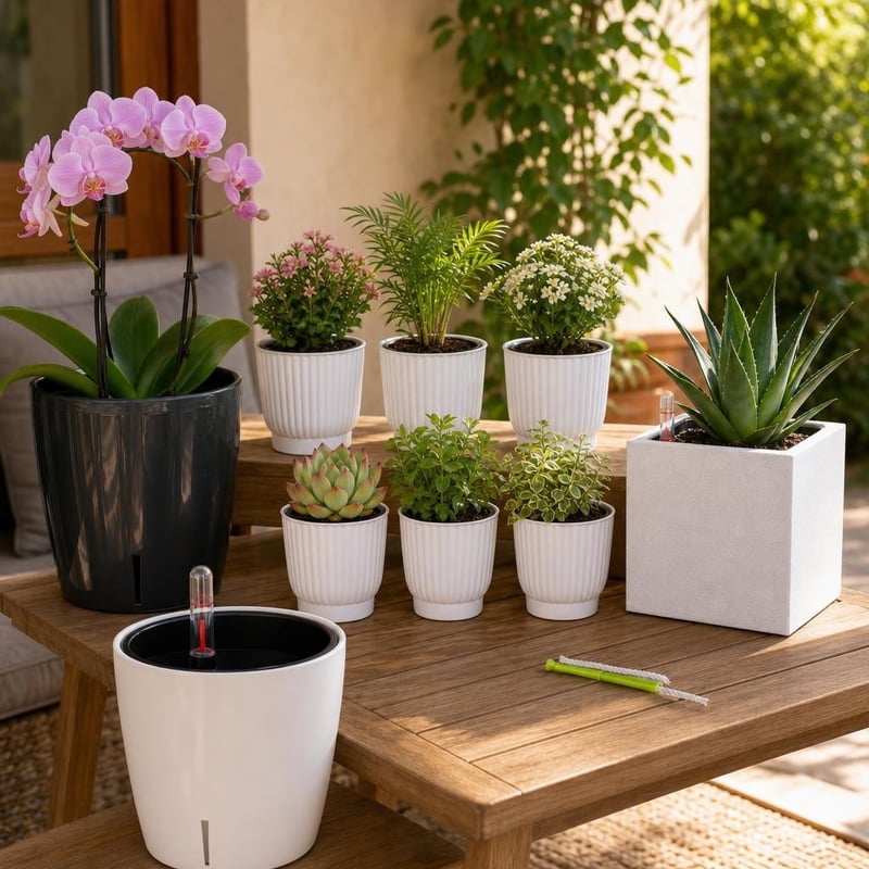 Vakációbiztos növénycsomag: önöntöző orchideacserép + 6 db kanócos cserép + kőhatású cserép + 4 L-es cserép
