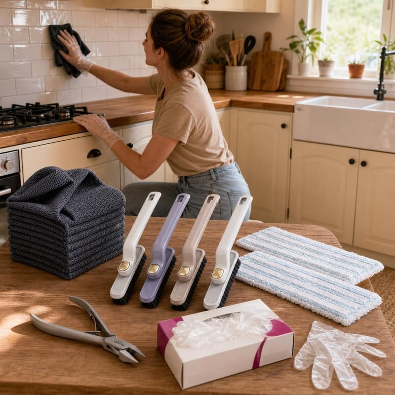 Kuhinjski set za čišćenje: 6x krpa + 4x četka za fuge + kutni čistač + 2x navlaka za mop + 500x rukavice