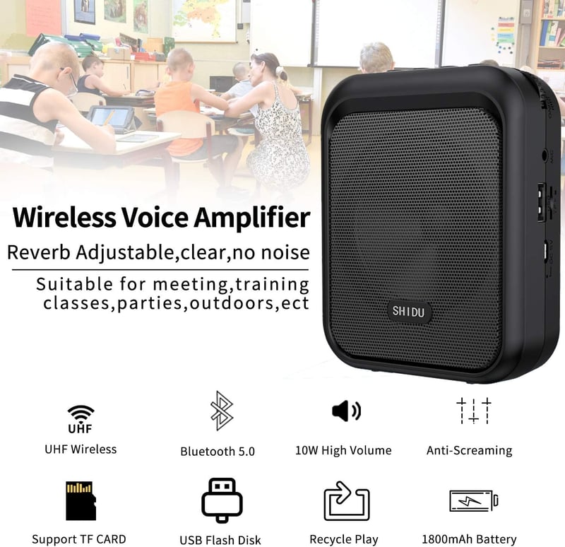 SHIDU Hordozható Hangosító Bluetooth Hangszóróval és UHF Vezeték Nélküli Mikrofonnal - 10W, 1800mAh, MP3 Lejátszás Tanároknak, Idegenvezetőknek