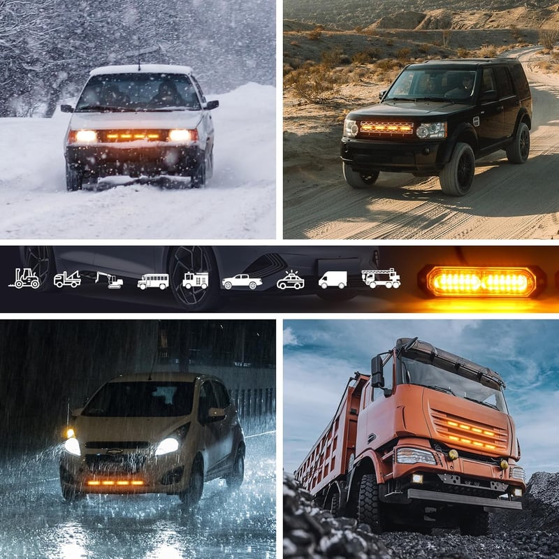 Dinfu 4x12 LED Figyelmeztető Villogó Lámpa - 12V/24V, 48W, Narancssárga, 21 Villogási Móddal, IP67 Vízálló, Autó, Teherautó, Traktor Kompati