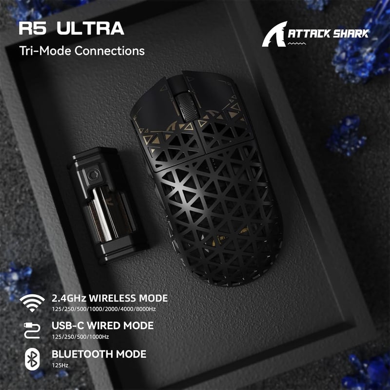 ATTACK SHARK R5 Ultra Szénszálas Vezeték Nélküli Gamer Egér, 39g Ultrakönnyű, 8000Hz Mintavételezés, 42000DPI, Háromféle Csatlakozás, Window