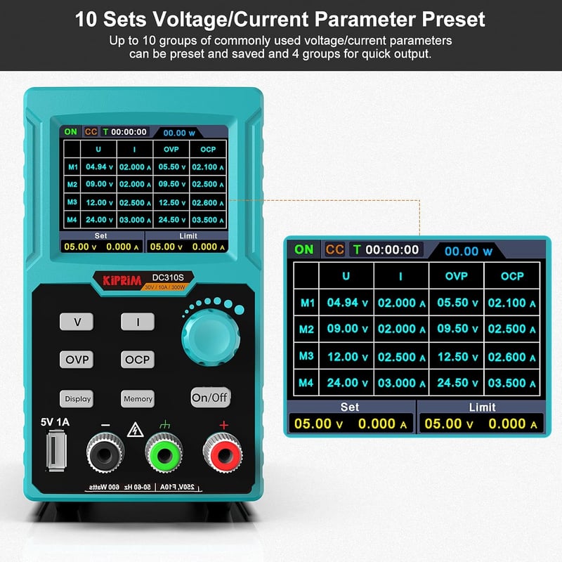 Kiprim DC310S Programozható Labortápegység 0-30V/10A - 4 Digites LED Kijelző, Túlterhelés Védelem, USB Port, 4 Memória Gomb, 300W Teljesítmé