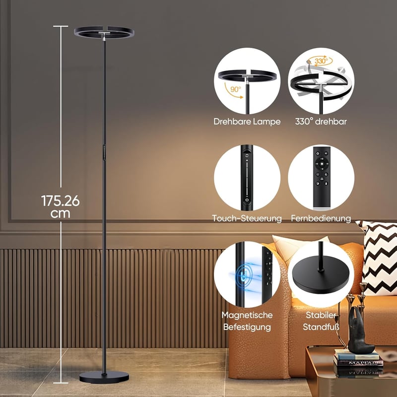 SIBRILLE Állólámpa LED 20W Fekete - Távirányítós Dimmelhető Érintésvezérelt Modern Mennyezeti Világítás 1300lm Meleg/Hideg Fehér Olvasólámpa