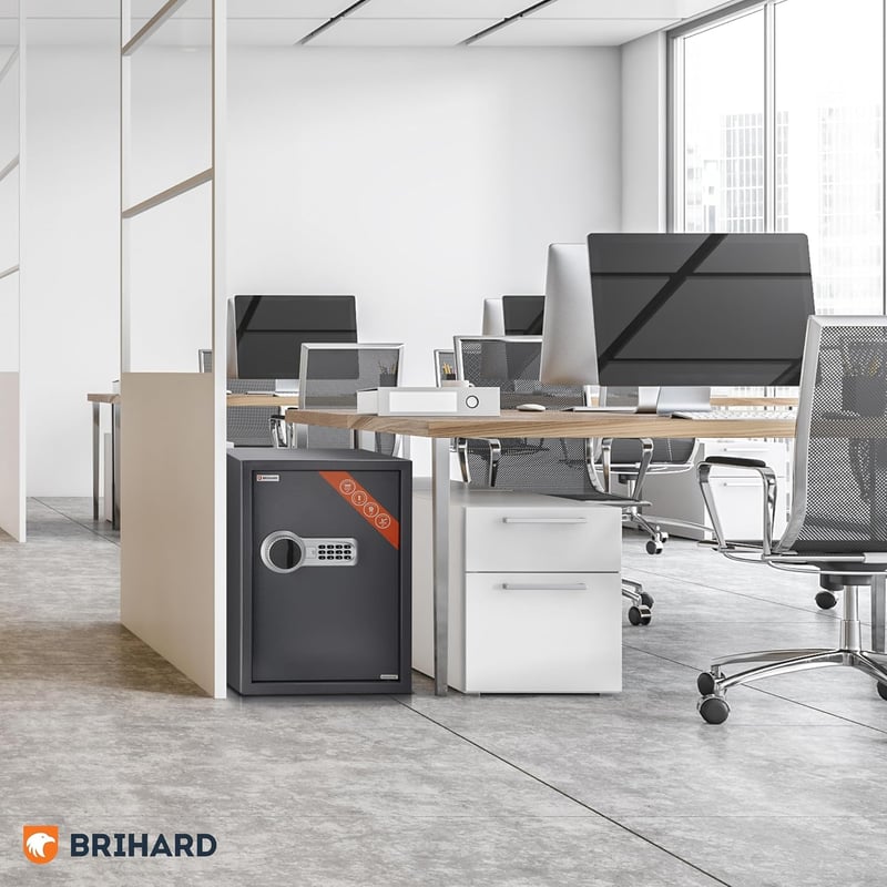 Brihard Business XL EL Széf Elektronikus Zárral - 50x35x36cm Titán Szürke Acél Páncélszekrény Fali/Padló Rögzítéssel, LED Kijelzővel, Vészny