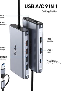 RayCue 9 az 1-ben USB-C/USB-A Dokkoló, Kettős/Hármas Monitor Támogatással, 2 HDMI, VGA, 10Gbps USB 3.1, Gigabit Ethernet, MacBook és Windows 2