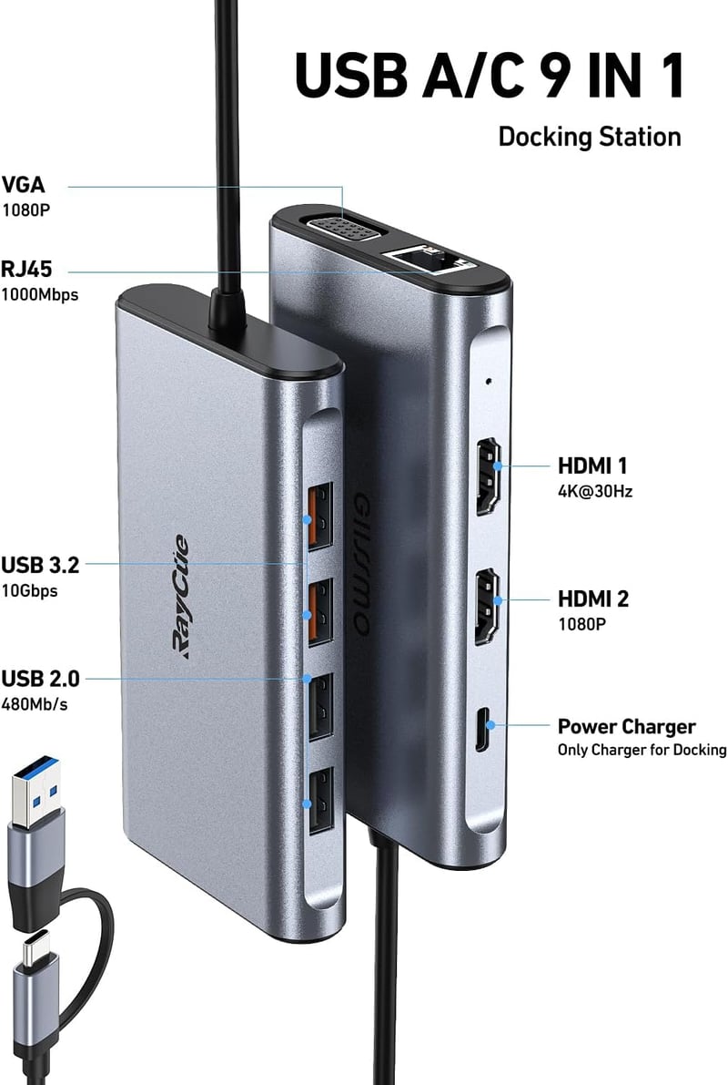 RayCue 9 az 1-ben USB-C/USB-A Dokkoló, Kettős/Hármas Monitor Támogatással, 2 HDMI, VGA, 10Gbps USB 3.1, Gigabit Ethernet, MacBook és Windows