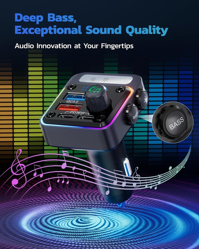 Nulaxy 54W Bluetooth 5.3 FM Transzmitter Autóba - 4 Töltőporttal (PD 36W & QC3.0 18W), 5 Színű LED Háttérvilágítás, Mélyhangzású Lejátszó, K
