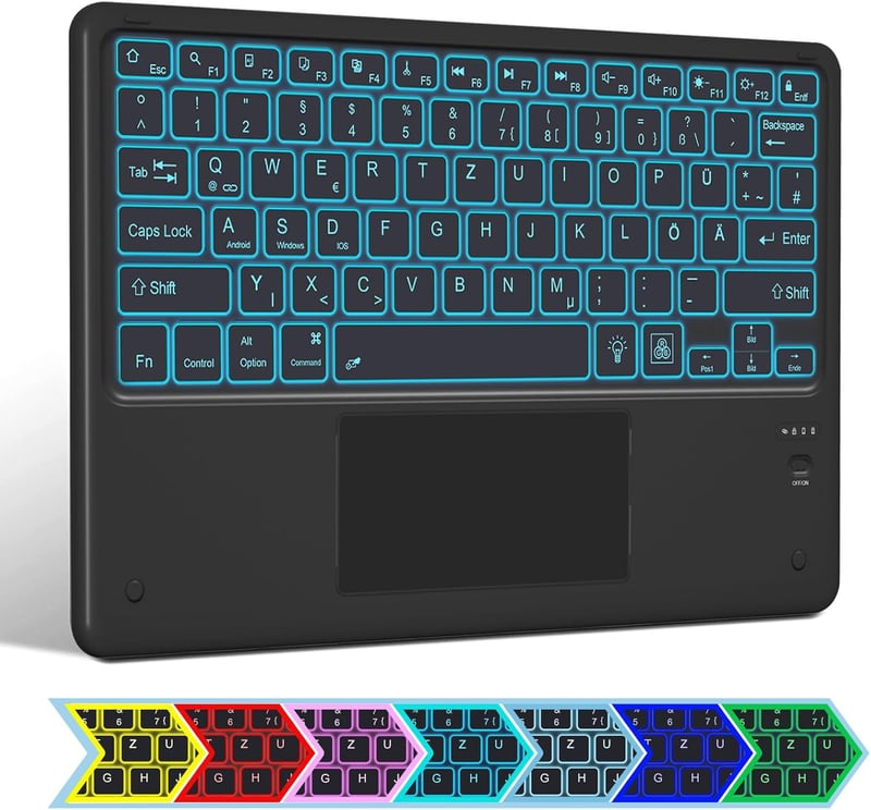 Bluetooth QWERTZ billentyűzet érintőpaddal, 7 színű háttérvilágítással - iOS/Android/Windows kompatibilis