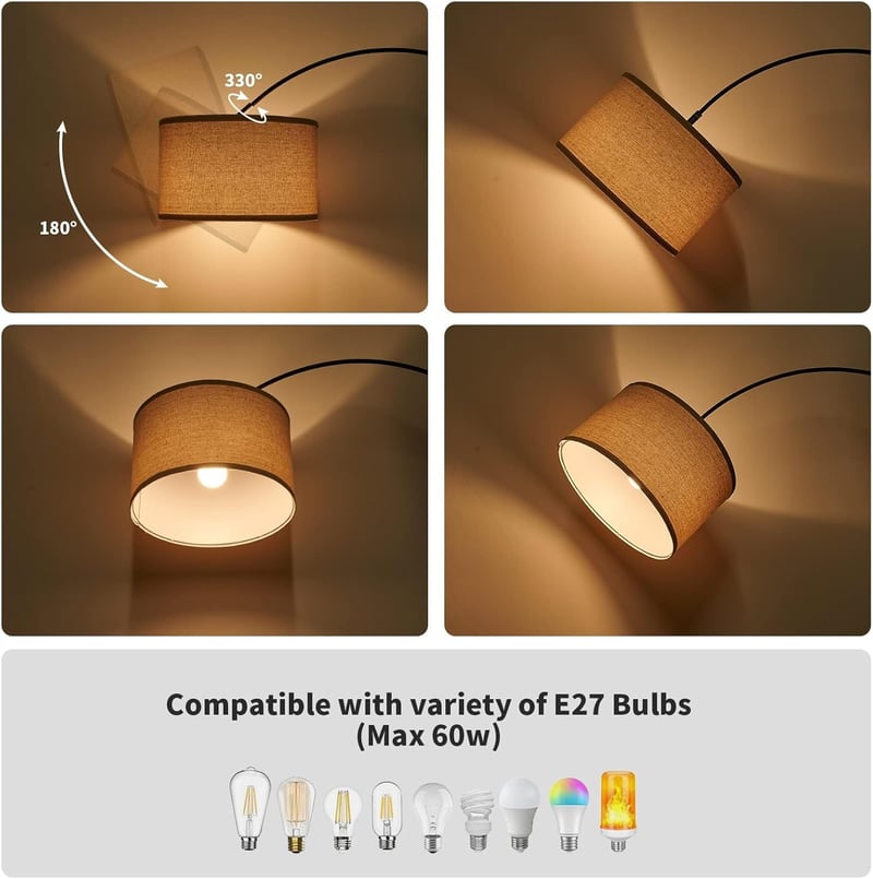 Modlicht Jasmin Ívelt Állólámpa - E27 LED 9W, 3000K Meleg Fény, 33cm Lenvászon Lámpaernyő, Bézs, 165-180cm, Nappali, Hálószoba, Iroda