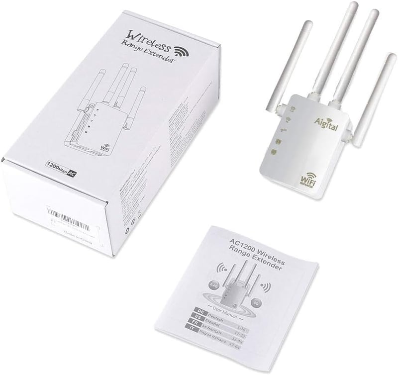 Aigital AC1200 WiFi Jelerősítő Repeater Dual Band 2.4GHz & 5GHz - 200m² Lefedettség, 4x3dBi Antenna, WPS, Ethernet LAN, 45+ Eszköz