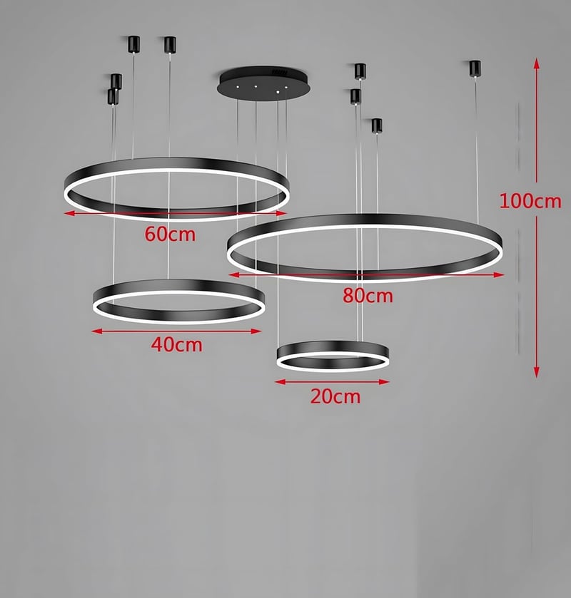 YYUTLUO Modern LED Csillár - 4 Fekete-Arany Gyűrű (20+40+60+80cm), 100W, Távirányítható, Fényerőszabályozható Mennyezeti Lámpa Nappaliba