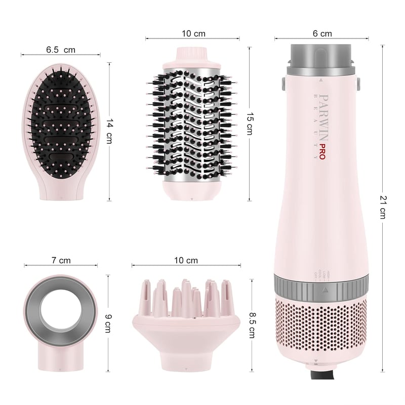 Parwin Pro Beauty 4 az 1-ben Hajszárító Készlet - Ionos Hajformázó Kefe 4 Tartozékkal Szárításhoz, Egyenesítéshez és Dúsításhoz - 1000W, Róz