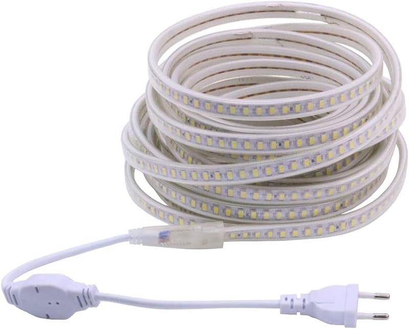 pcning LED Szalag 10m 230V 3000K Meleg Fehér IP67 Vízálló SMD 5730 120 LED/m Kültéri-Beltéri Világítás EU Csatlakozóval