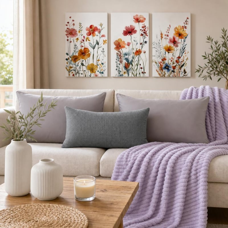 Pachet Boho Living: 2 perne + 1 husă decor + 1 pled + 2 vaze + 3 tablouri + lumânare vanilie