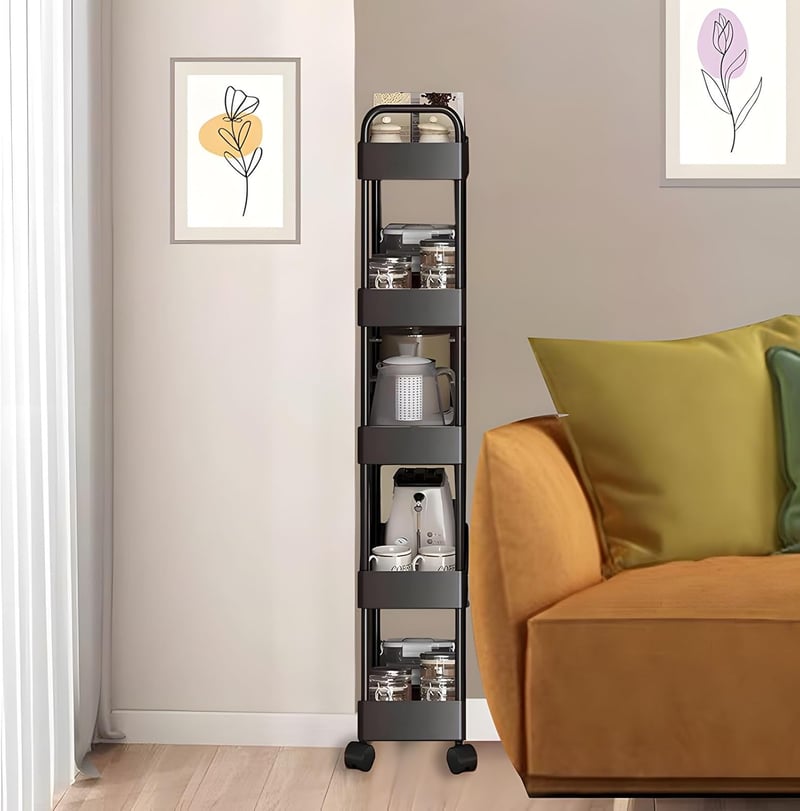 MaxEarn 5 szintes konyhai görgős állvány, 132 cm, fekete, sokoldalú tárolórendszer konyhába, irodába