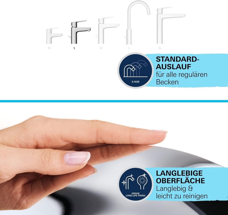 GROHE Quickfix Start Egykaros Mosdócsap S Méret | Króm Fürdőszobai Csaptelep Szerelőeszközzel | Víztakarékos Rendszer | Fém Fogantyú