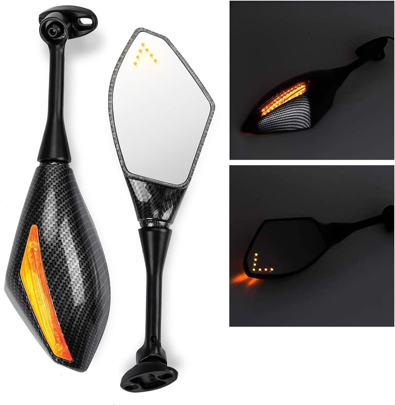 PSLER Karbon LED Irányjelzős Visszapillantó Tükör Szett Sportmotorokhoz - Időjárásálló ABS Ház, Acél Tengely, Egyszerű Felszerelés