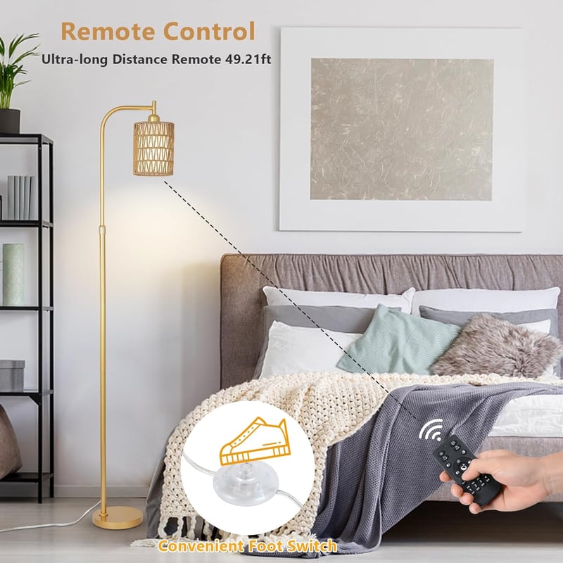 Rayofly Állólámpa Távirányítóval - Arany Rattan Boho Dizájn, Fényerőszabályzós