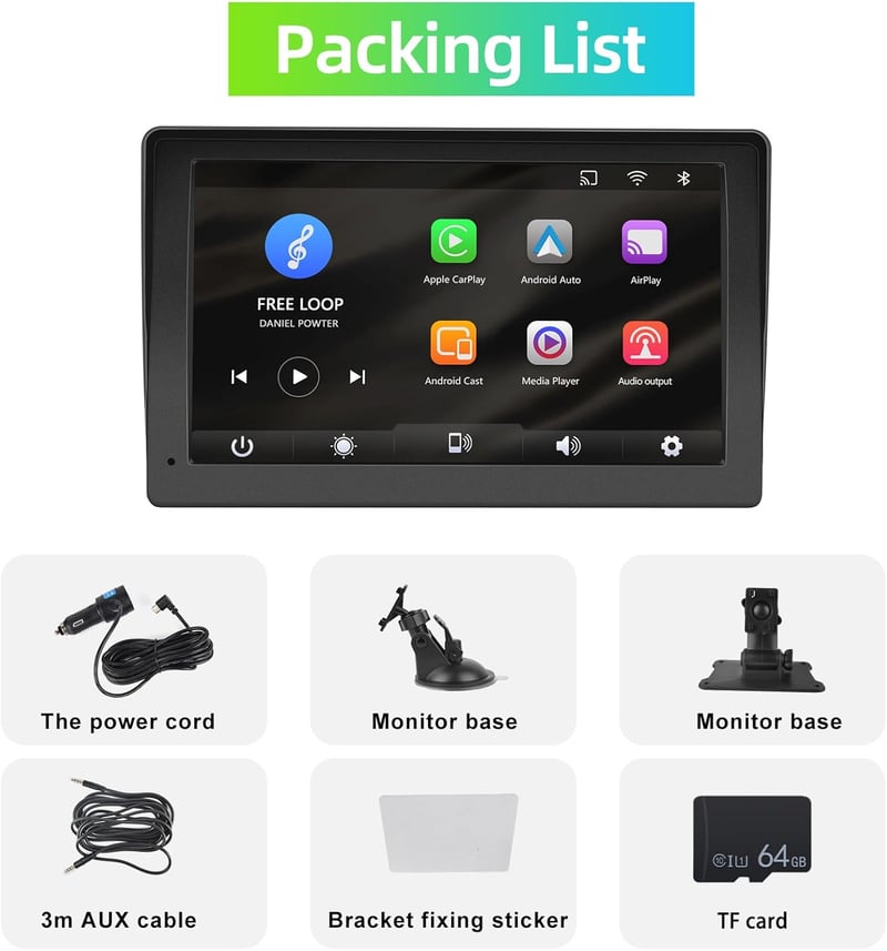 Podofo 7" Hordozható Autórádió - Apple CarPlay/Android Auto Támogatás, Bluetooth, IPS Érintőkijelző, FM, AUX, Tükrözés + 64GB TF Kártya