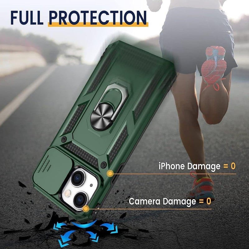iPhone 14 Plus Katonai Zöld Mágneses Gyűrűs Tok Kameravédővel