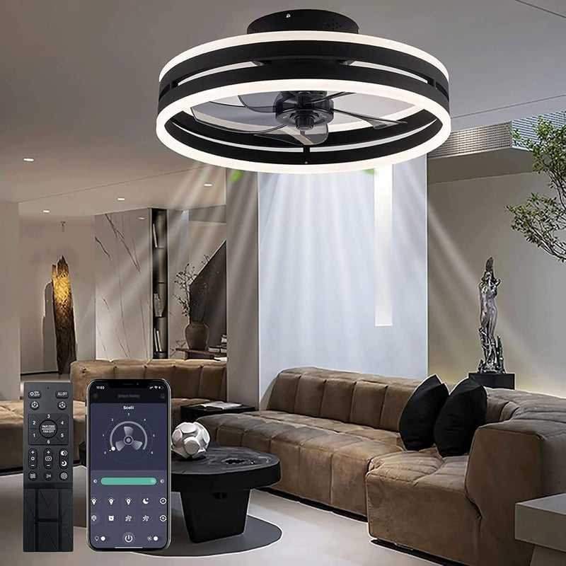 Revneey Mennyezeti Ventilátor Lámpával 50W - Fekete 40cm LED Lámpa Távirányítóval és Applikációval, 6 Sebességű Hálószobai Nappaliba Időzítő