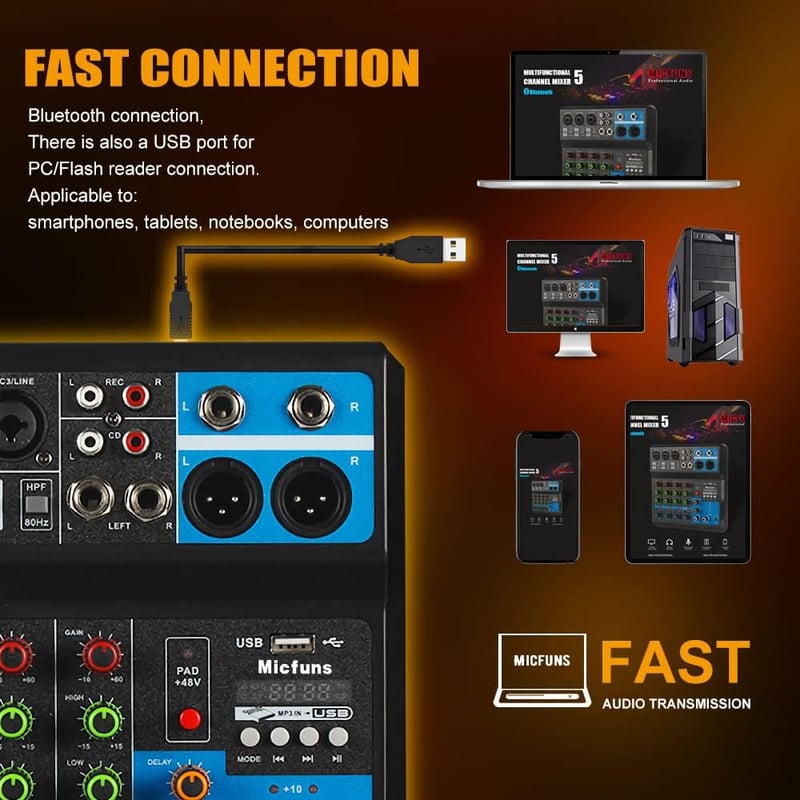 micfuns M-5 Mini DJ Keverőpult 5 Csatornás Hangkeverő Bluetooth USB MP3 Funkcióval, 48V Fantomtáp, Stúdió Felvételhez, Élő Közvetítéshez