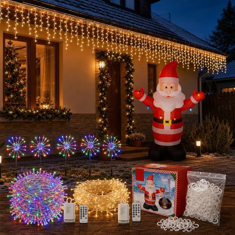 Előkerti fényparádé: LED fényfüzér + jégcsap fényfüggöny + felfújható Mikulás + 6 db csillag + 150 db horog