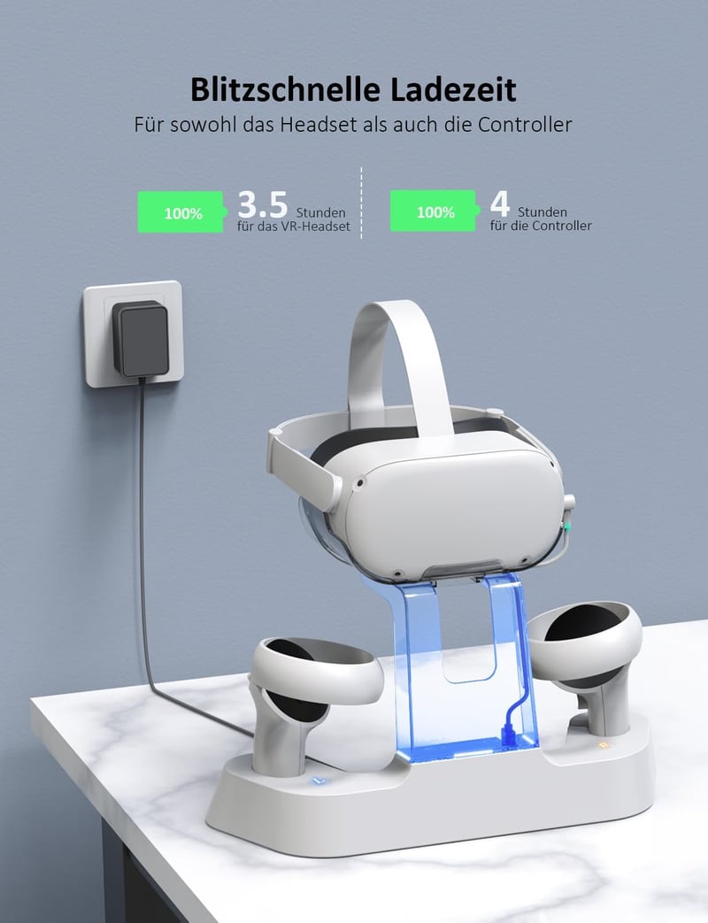 NexiGo Töltőállomás Oculus Quest 2-höz - Fejhallgató Tartó, Kontroller Dokkoló, Elite Strap Kompatibilis, LED Jelzőfény, 2 Újratölthető Akku