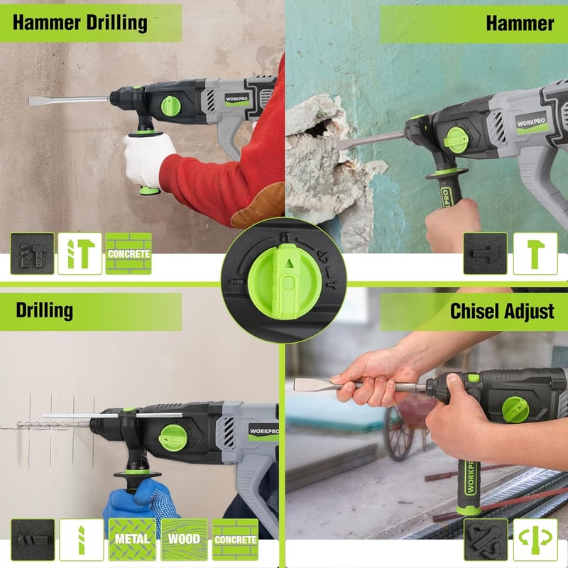WORKPRO SDS-Plus 1050W Fúrókalapács 3 Joule, Állítható Sebesség, 360° Forgatható Fogantyú, Betonhoz 26mm, Tartozékokkal és Hordtáskával