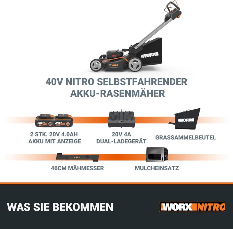 WORX WG749E PowerShare Akkumulátoros Fűnyíró 40V Kerékhajtással, Erős Kefementes Motorral, 46cm Vágásszélességgel, 7 Vágásmagassággal