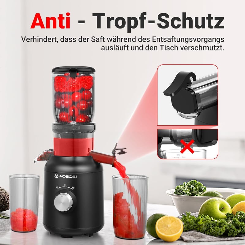 AAOBOSI Slow Juicer 250W - Gyümölcs és zöldségprés 103mm betöltőnyílással, 2 fémmentes szűrővel, csepegésgátlóval, fekete