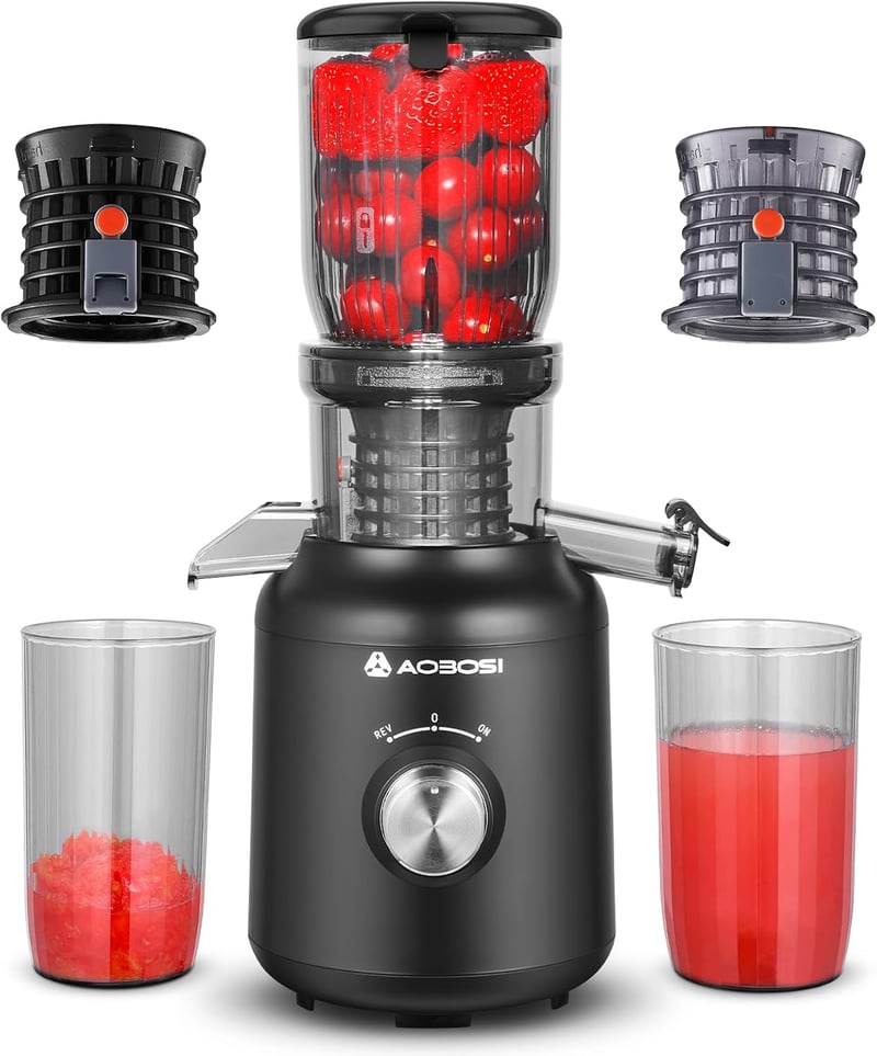 AAOBOSI Slow Juicer 250W - Gyümölcs és zöldségprés 103mm betöltőnyílással, 2 fémmentes szűrővel, csepegésgátlóval, fekete