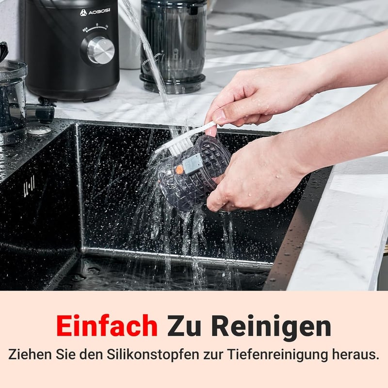 AAOBOSI Slow Juicer 250W - Gyümölcs és zöldségprés 103mm betöltőnyílással, 2 fémmentes szűrővel, csepegésgátlóval, fekete