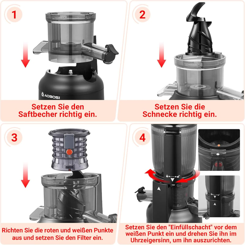 AAOBOSI Slow Juicer 250W - Gyümölcs és zöldségprés 103mm betöltőnyílással, 2 fémmentes szűrővel, csepegésgátlóval, fekete