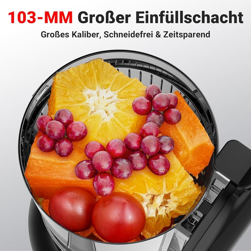 AAOBOSI Slow Juicer 250W - Gyümölcs és zöldségprés 103mm betöltőnyílással, 2 fémmentes szűrővel, csepegésgátlóval, fekete