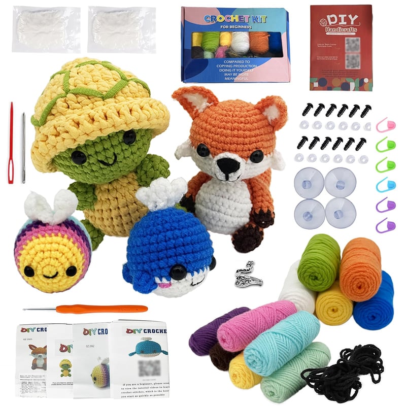 Set de croșetat Aarcyye pentru începători – Animale: Balene, Albine, Vulpi, Țestoase – Include fire moi, accesorii și instrucțiuni, ideal pentru cadou
