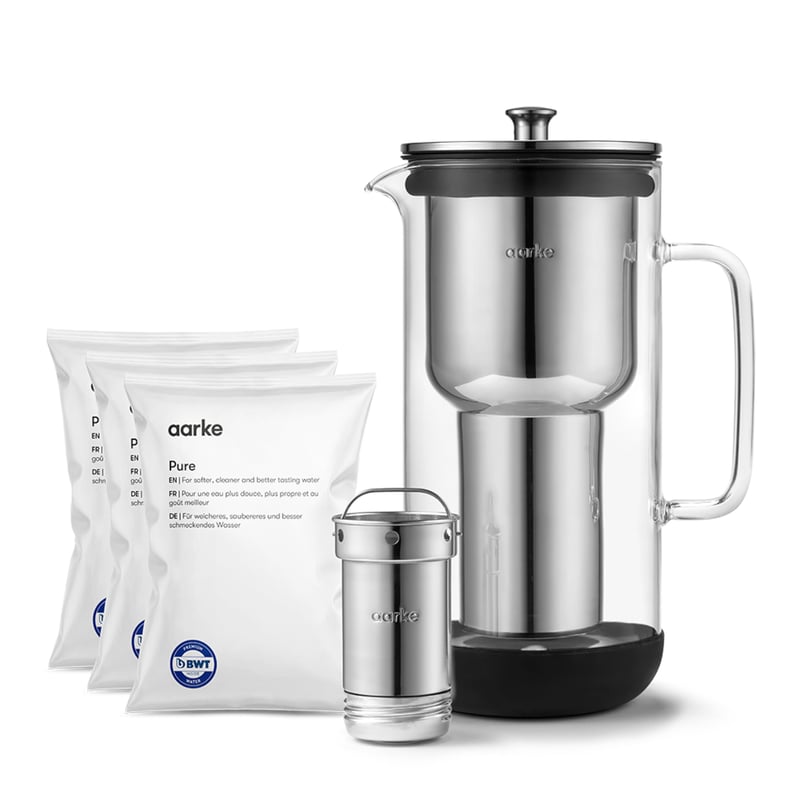 Aarke Purifier vrč za filtriranje vode od stakla i nehrđajućeg čelika 2,4 L + paket od 3 Pure filter uloška