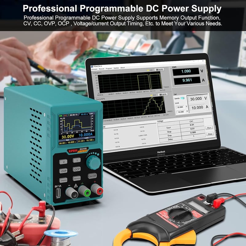 Kiprim DC310S Programozható Labortápegység 0-30V/10A - 4 Digites LED Kijelző, Túlterhelés Védelem, USB Port, 4 Memória Gomb, 300W Teljesítmé