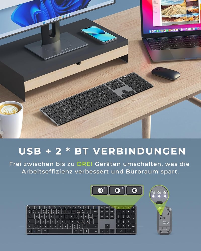 seenda Fém Bluetooth Billentyűzet és Egér Szett - Újratölthető, Kettős Üzemmódú (USB+BT), Ultravékony, Csendes, QWERTZ Kiosztású, PC/Tablet/