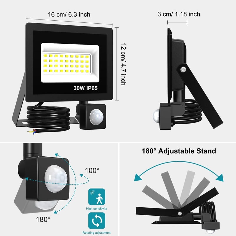 kolpop LED Mozgásérzékelős Reflektor Kültéri, 2 db 30W 3000LM, 6500K Hideg Fehér, IP65 Vízálló, 120° Szögben Állítható Lámpa Garázsba, Kertb