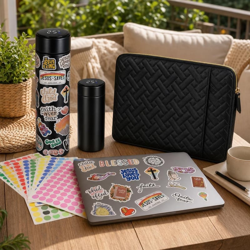 Kršćanski set za laptop: set naljepnica + termosica 350 ml + torba 14" + 3920 naljepnica za označavanje