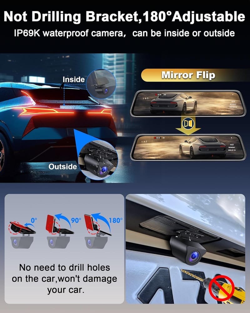 Vtopek 4K Autós Menetrögzítő 12" IPS Érintőképernyővel - Tükör Dashcam WiFi, 64GB, 1080P Tolatókamera, Éjjellátó, G-szenzor
