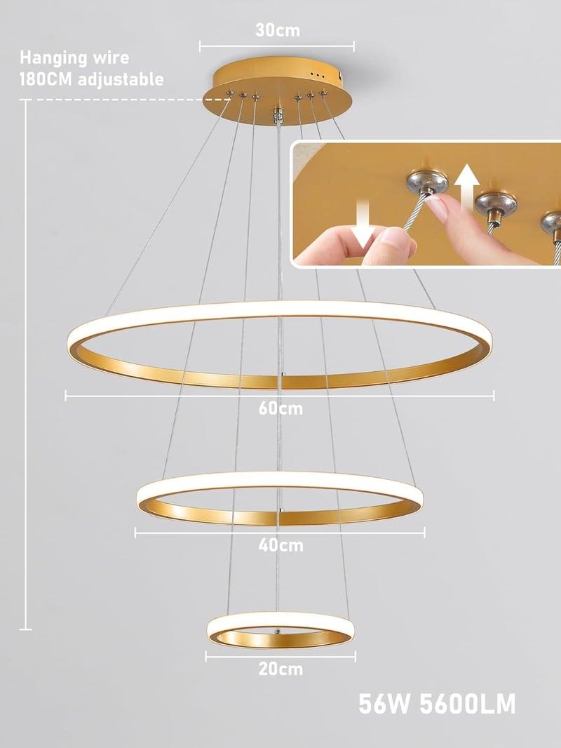 KAUCQI 180 cm LED Függőlámpa 3 Arany Gyűrűvel - Távirányítós, Dimmelhető, Állítható Magasságú Modern Csillár Étkezőbe, Nappaliba, Konyhába