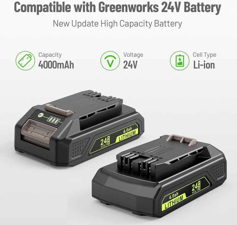 ASUNCELL 24V 4.0Ah Li-Ion Akkumulátor Csomag (2db) - Greenworks Szerszámokhoz Kompatibilis Pótakkumulátor, LED Töltöttségjelzővel