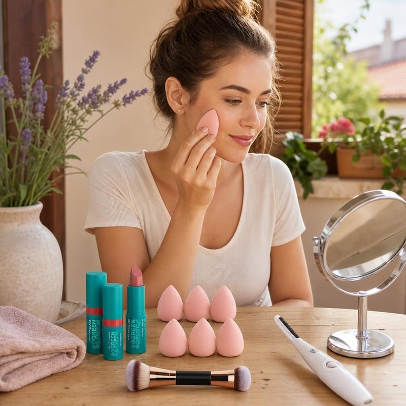 Makeup Starter Set: 2x ruž + kabuki kist + 6x spužvica + uvijač trepavica + čistač lica + balzam